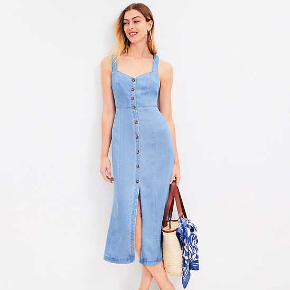 LOFT Chambray Crossover Back Button Midi Dress NWT